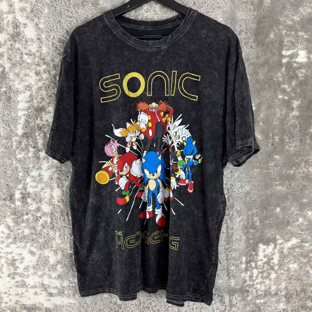 Sonic The Hedgehog Size 2XL Acid Wash Graphic Video Game T-Shirt Black Mens